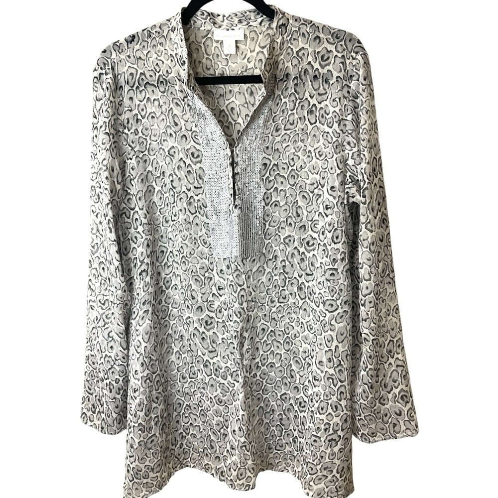 Charter Club Tunic Top Animal Print Sequins Sheer Long Sleeve Blouse SZ 14  EUC